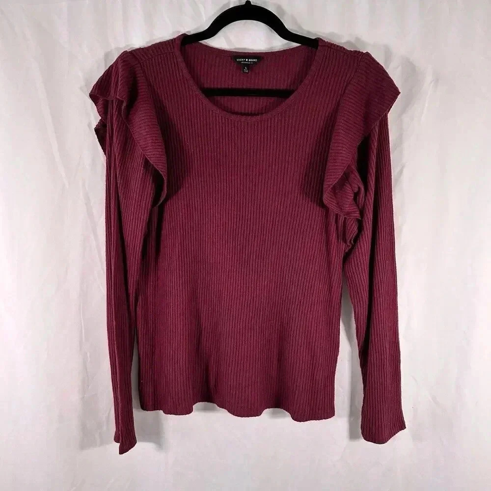 Lucky Brand Blouse Women's Large Red Ribbed Long Sleeve Round Neck Pullover